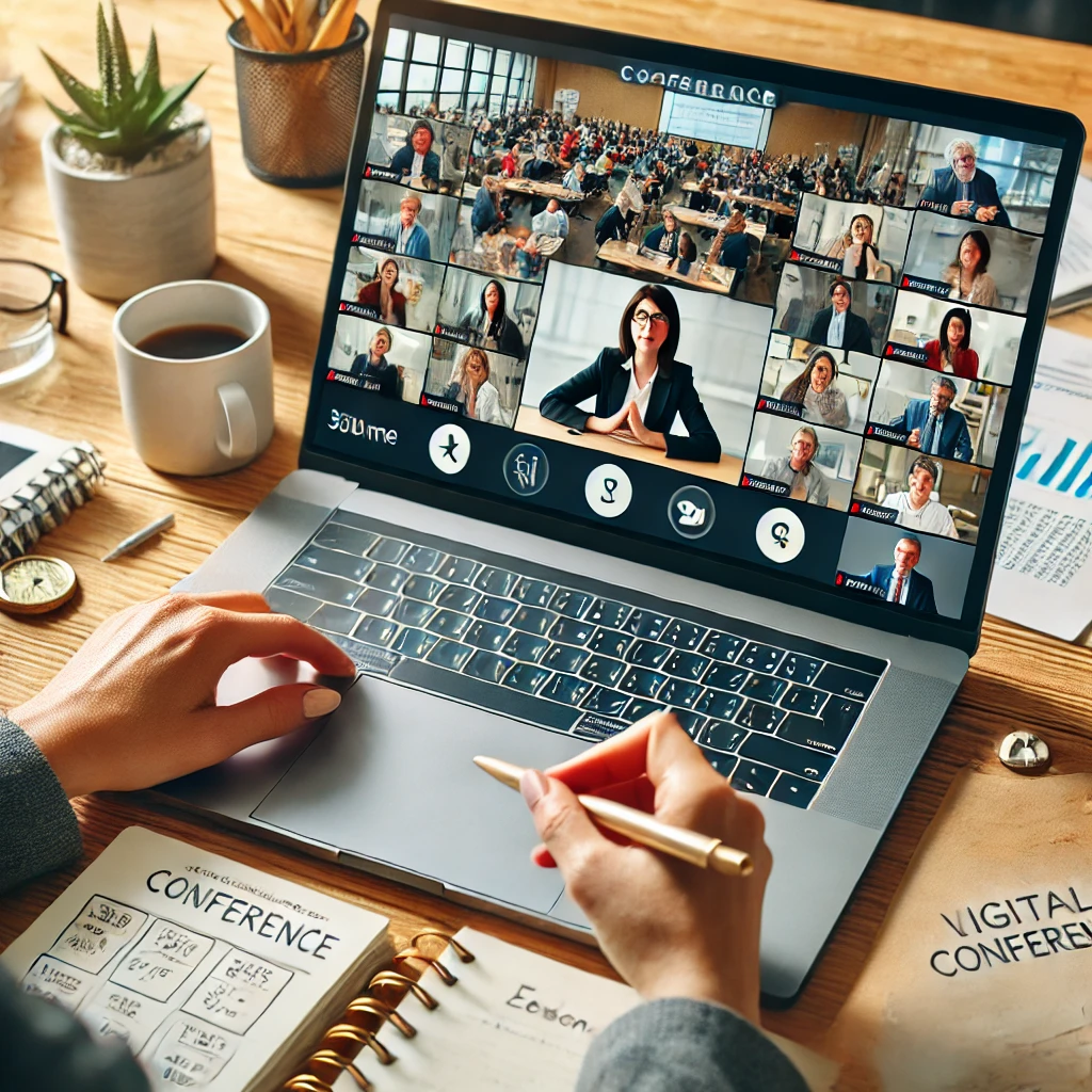 An-educational-scene-with-a-teacher-participating-in-an-online-conference.-The-teacher-is-sitting-at-a-desk-with-a-laptop-displaying-a-virtual-confer