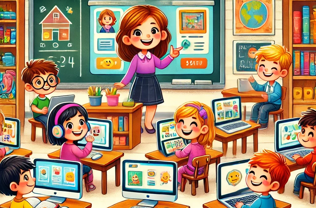 An illustration in a colorful and engaging children's style showing a happy classroom with kids using computers, tablets, and smartphones for online l