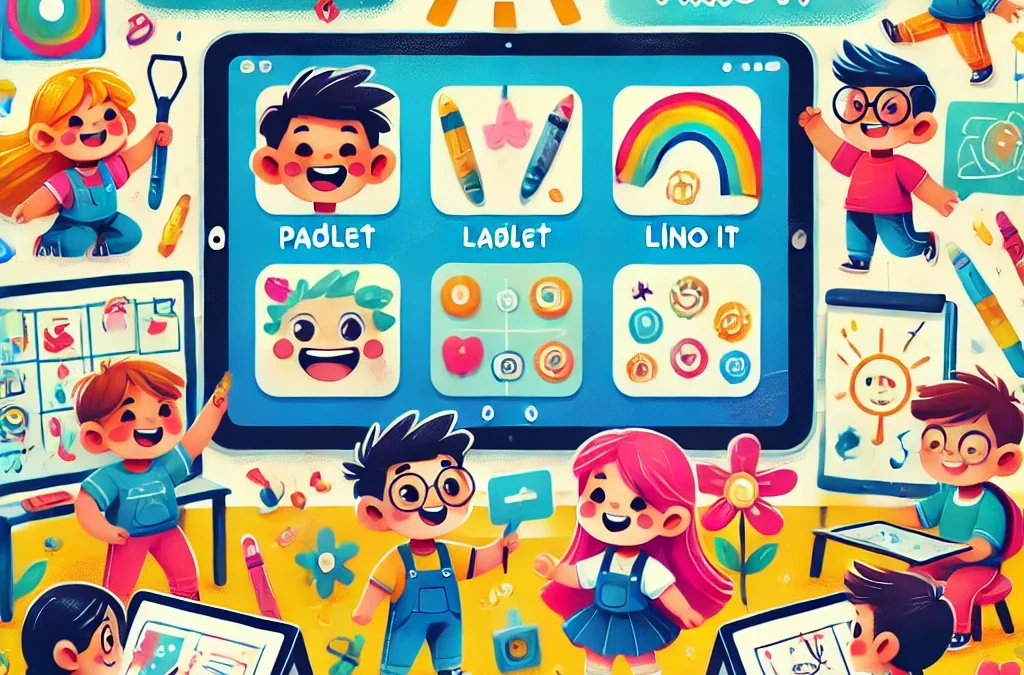 An engaging and colorful illustration designed for children aged 1-4, featuring various virtual online whiteboards like Padlet, Lino it, and Miro bein