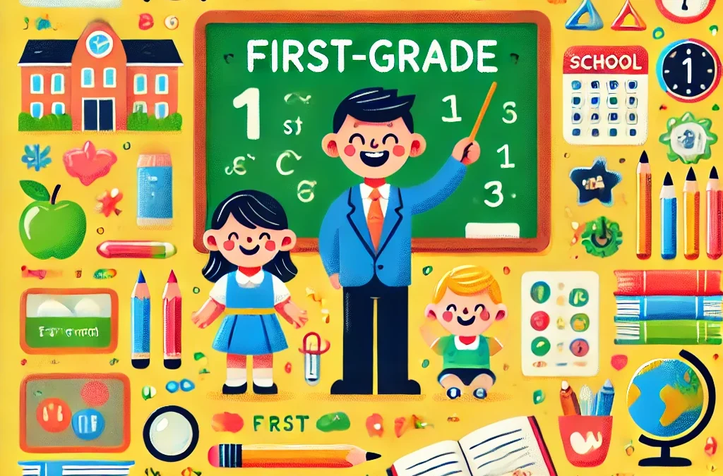 An engaging and colorful illustration in a children's style, featuring elements that represent a first-grade classroom setting. Include bright colors,