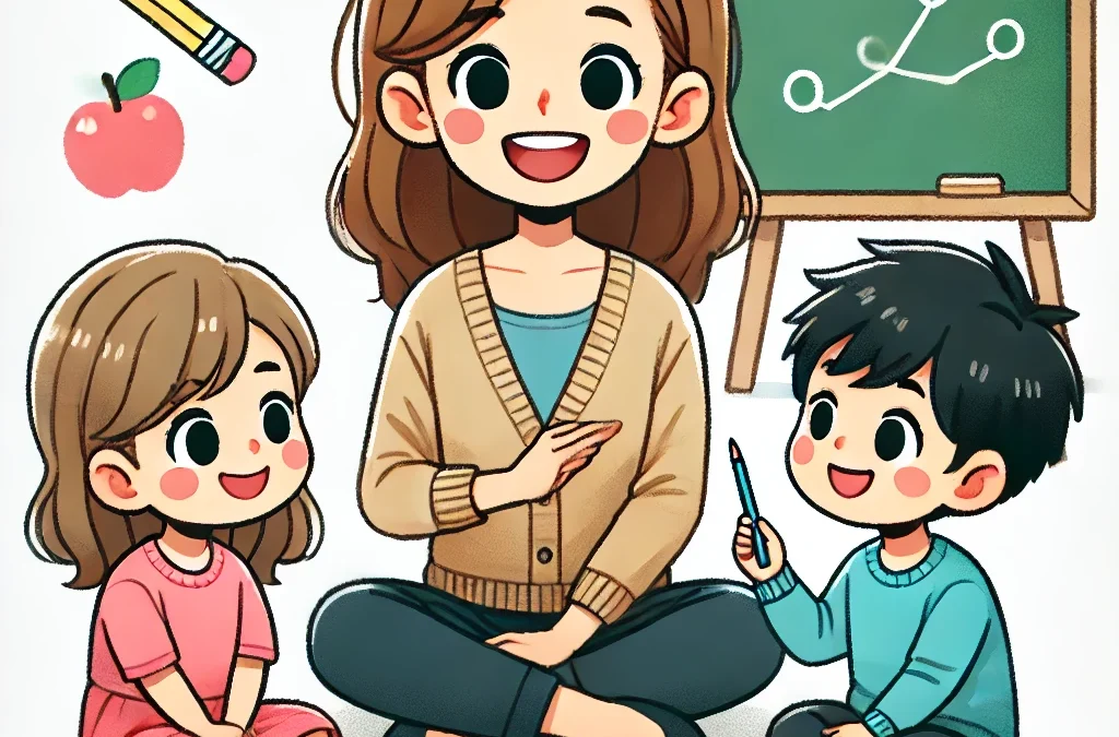 A friendly teacher or psychologist sitting with a small boy and girl, explaining something important. The teacher is smiling, and the children are lis